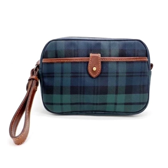 Polo Ralph Lauren Vintage Black Watch Plaid Cosmetic Bag PVC Canvas Leather EUC - Picture 2 of 8